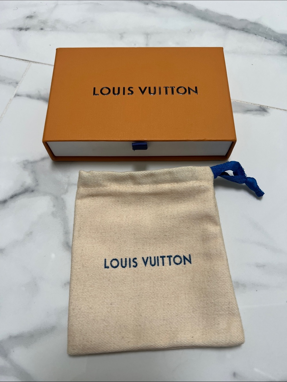 Louis Vuitton Gift Box +Cream Drawstring Pouch with Blue Logo and Tie